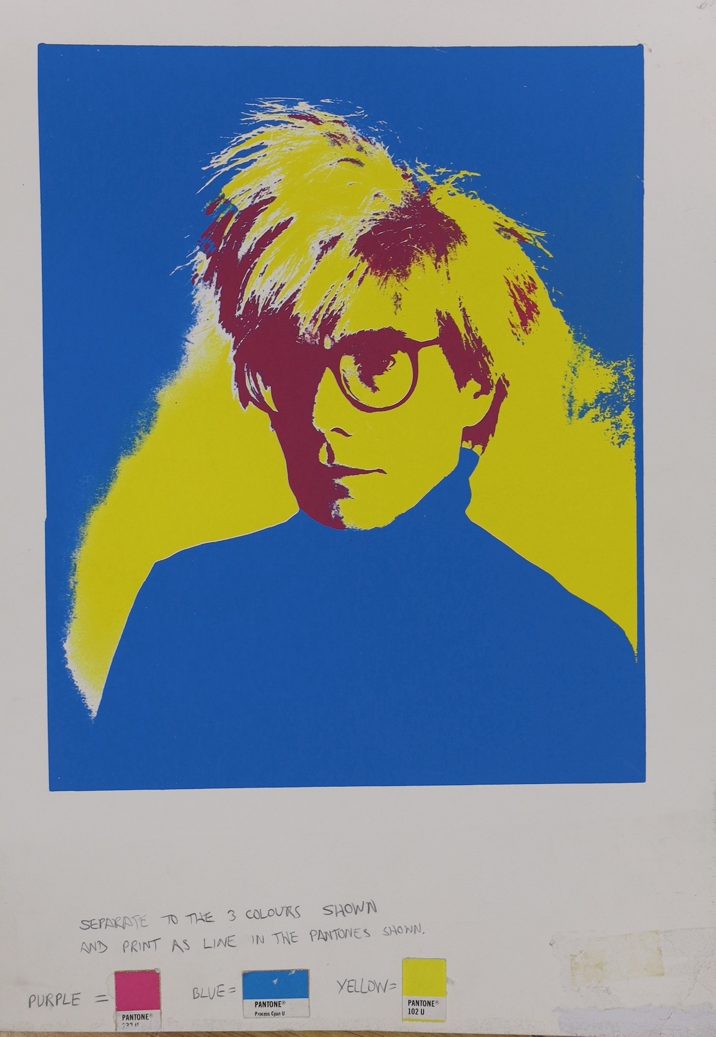After Andy Warhol, screenprint, Portrait of the artist, book cover proof for his biography, 32 x 26cm, unframed
